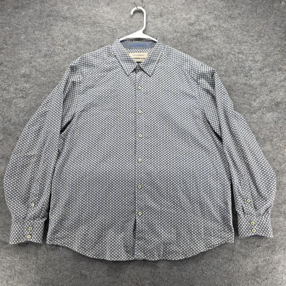 Tommy Bahama Shirt Mens XL Gray Check Long Sleeve Button Up Slim Fit Cotton